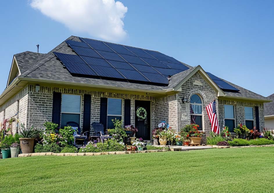 Beautiful brick home with solar panels installed on the roof
