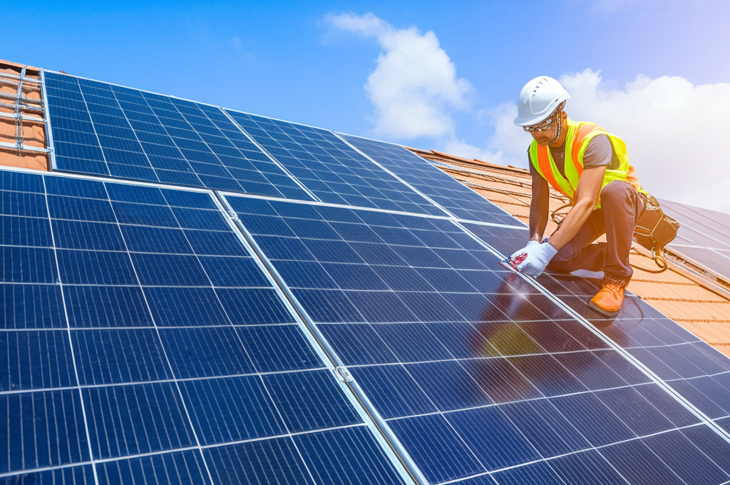 Solar technician with solar panels
